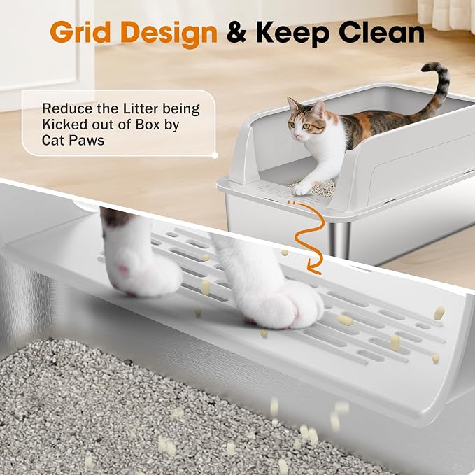 2PACK Stainless Steel Litter Box, Extra Large Litter Boxes for Big Cats, XL Metal Cat Litter Box with Lid High Sides, Anti-Urine Leakage, Non-Sticky, Scoop Included