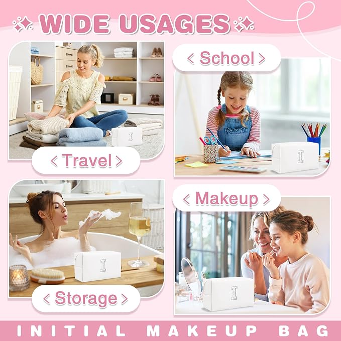 Bride Gifts – Personalized Initial Makeup Bag with Pearl Rhinestone Patch, Preppy White Monogram Cosmetic/Toiletry Pouch, bridesmaid Gifts, Bridal Shower Gifts, Wedding Gifts, Bridal Gifts,I