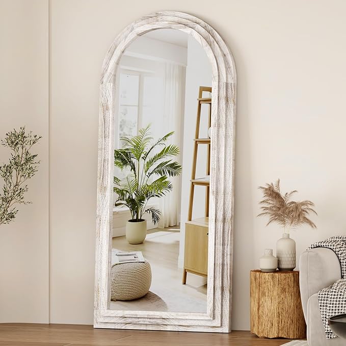 ZHUNFA External Three-Layer Arched Full Length Mirror with Solid Wood Frame | 65x22 Modern Farmhouse Decor Standing Mirror Full Length, Wall Mounted, Leaning, Standing for Bedroom, Living Room, White.