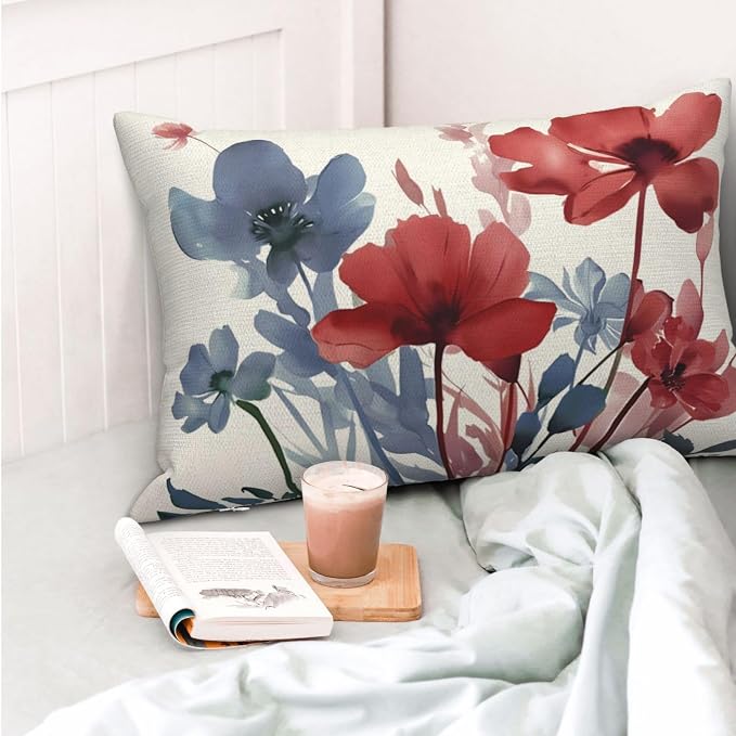 Floral Pillow Covers 12x20 Inches Set of 2 Independence Day Blue Red Floral Throw Pillow Covers Outdoor Spring Summer Flower Pillowcase Farmhouse Decorative Lumbar Cushion Cover for Home Sofa