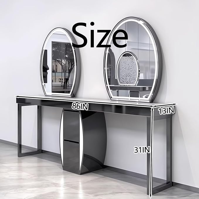 2-Person Salon Station for Hair Stylist with Curved Cabinet & Glowing Accents, Barber Station includes Oval LED Mirror, Large Capacity Storage
