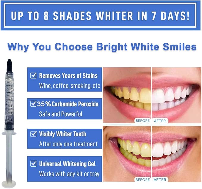 Bright White Smile 35% 10 Pack Teeth Whitening Gel Refills Bleaching Gel, No Sensitive Teeth Whitener, Great for Sensitive Tooth Whitening, Works with Teeth Whitening LED Light and Trays (10 X 3ML)