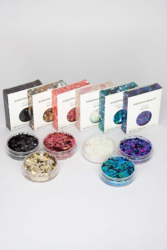 KARIZMA Kiss My Bass! 6X 10g Chunky Face Glitter, Hair, Eye and Body for Women and Men. Rave, Festival Accessories and Cosmetic Makeup. Loose Pots
