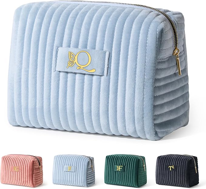 COSHAYSOO Initial Makeup Bag Womens Travel Make Up Bags Velvet Cosmetic Pouch, Monogrammed Gifts for Women Cheerleader Volunteer Boss Lady Blue Letter Q
