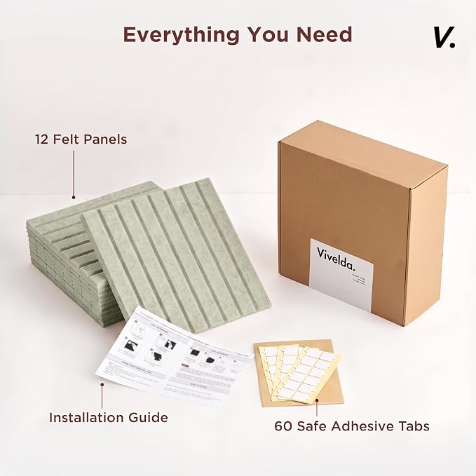 Large Felt Bulletin Board 48 x 36 Inch - 12-Pack Square Acoustic Wall Panels, Cork Board Alternative, NRC 0.95, Damage-Free Adhesive, Slatted Design for Home, Classroom (Sage)