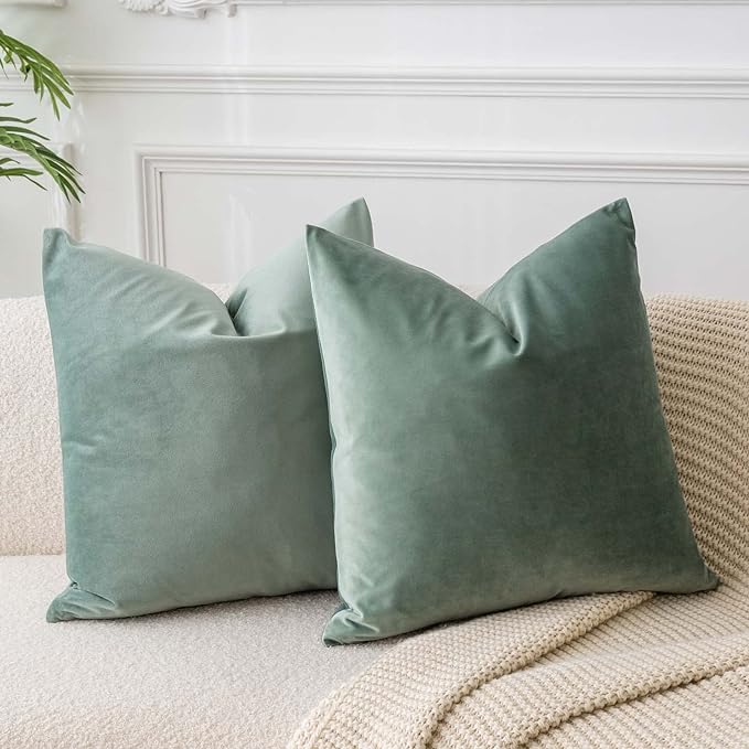 JUSPURBET Sage Velvet Throw Pillow Covers 16x16 inch Set of 2 for Living Room Couch Sofa Bedroom Decorative Square Solid Soft Cushion Cases with Invisible Zipper