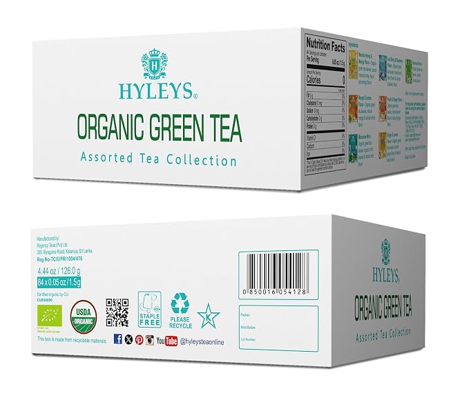 HYLEYS Organic Green Tea, With 7 Assorted Flavors 84 Individually Wrapped Tea Bags - Includes Soursop, Blueberry, Moroccan Mint and More - USDA Organic - Kosher & Vegan