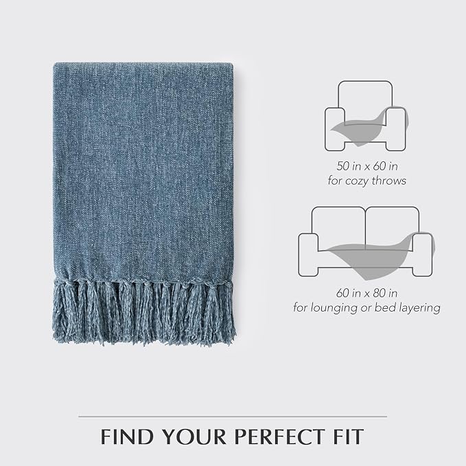 Chenille Knit Throw Blanket for Couch, 60"x80", Cloud Blue | Cozy Plush Fuzzy Knittd Throw with Tassels, Lightweight, Decorative, Farmhouse Decor, Ideal for Bed Sofa Gift, All Seasons