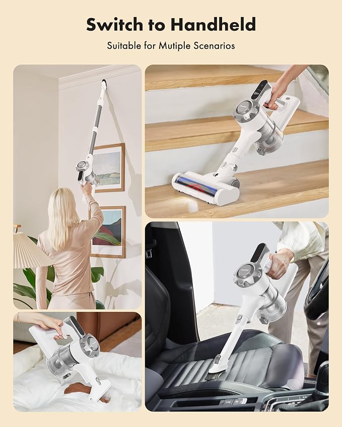 Trucozie Cordless Vacuum Cleaner, 8-in-1 Lightweight Stick Vacuum with 45mins Runtime, Powerful Suction, Green Light & Self-Standing Vacuum Cleaners for Home, Hardwood Floors, Carpet, Pet Hair,White
