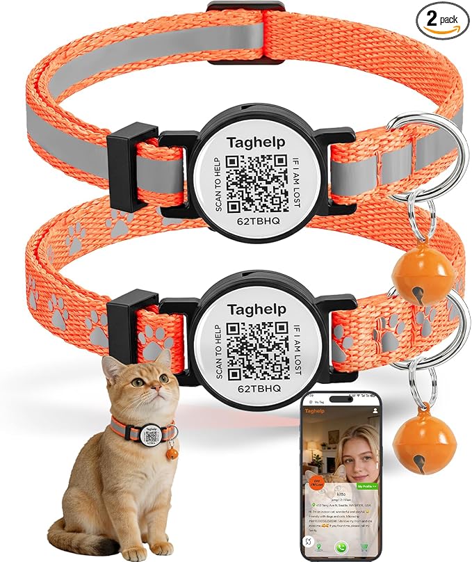 2 Pack Airtag Cat Collar, Breakaway Cat Airtag with Smart ID tag & QR Code Reflective (Reflective Strip & Paw Pattern - Orange, Collar Only)