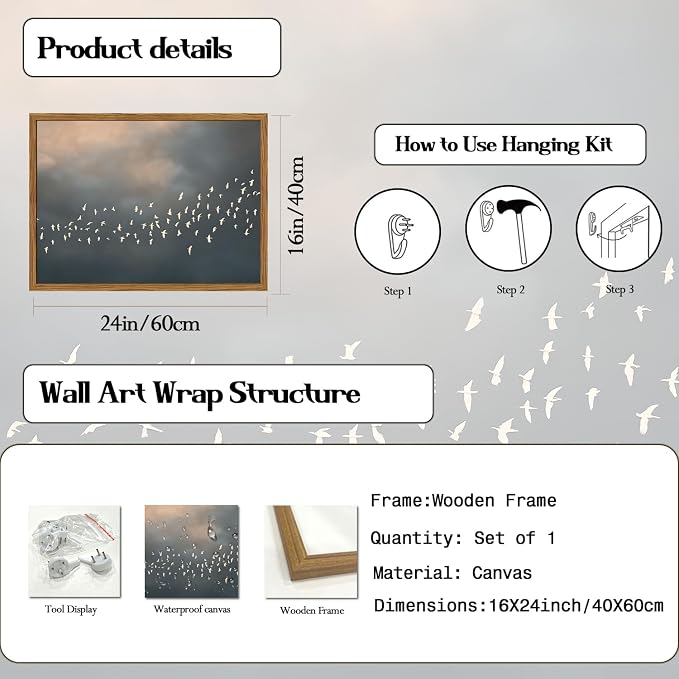Framed Vintage Flying Bird Canvas Wall Art, Minimalist Abstract Flock of White Birds Pictures Wall Decor, Rustic Nature Wildlife Paintings Prints for Living Room Bedroom Bathroom 16x24 inch