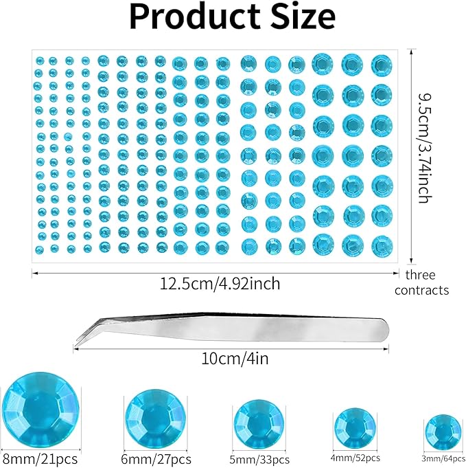 591pcs Face Gems Hair Gems Pearls, Self-Adhesive Face Jewels Eye Rhinestones 3/4/5/6/8 mm Face Gem Stick on, Halloween Makeup Gems Rave Accessories for Face Eyes Body Makeup (19.Aqua Blue)