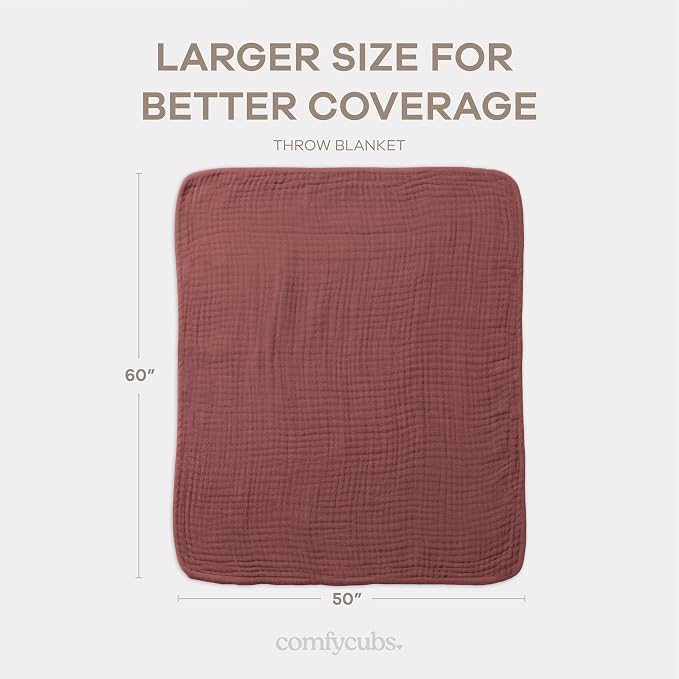 Comfy Cubs Adult Muslin Blanket 50x60” Throw Swaddle Blankets, Wine | 6 Layer Soft, Breathable & Lightweight Muslin Adult Blanket - Machine Washable & Designed in the US Bedding for All Seasons