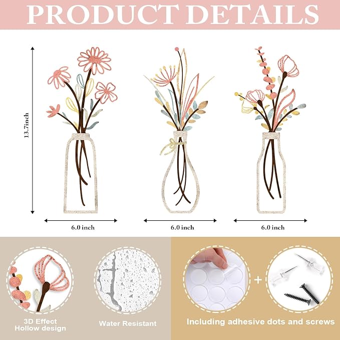 Pigort 3 Pieces Metal Flowers Wall Arts - Rustic Farmhouse Style Décor Metal Wall Art Black Minimalist Flower Natural Themed Wall Decors for Home Bedroom Dining Room Housewarming (Pink Beige)