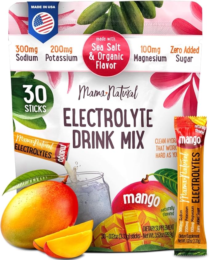 Mama Natural Electrolytes Powder Packets – Instant Hydration with natural Sea Salt, Potassium & Magnesium Glycinate – Sugar Free, Organic Mango Flavor – 30 Travel Sticks for Postpartum & Pregnancy