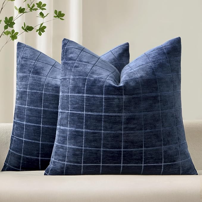 MIULEE Navy Blue Plaid Decorative Euro Throw Pillow Covers 22x22 Set of 2 | Vintage, Check Chenille Couch Pillows, Neutral Boho Farmhouse Cushion Covers, Modern Home Decor for Sofa Bed Living Room
