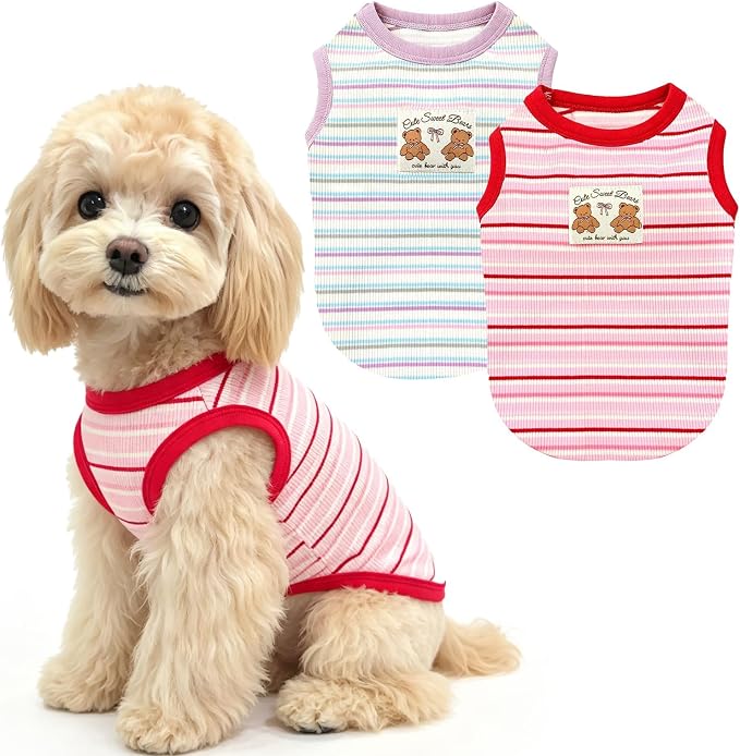2 Pack Small Dog Shirts Striped Dogs Cats Clothes, Red&Purple XL | Soft Pet Tee Shirt, Breathable Dog Outfits with Exquisite Edging, Small Puppy Pajamas Chihuahua Yorki Party Daily Costumes