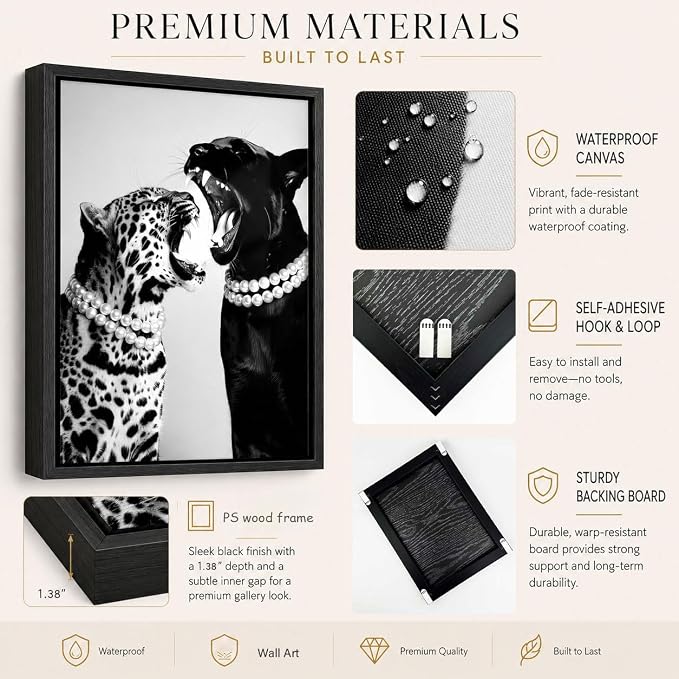 Framed Fashion Leopard Canvas Wall Art Trendy Black White Cheetah Picture Wall Decor Luxury Feminist Poster Print for Girls Bedroom Dorm Bar Cart Home Decoration 12x16in