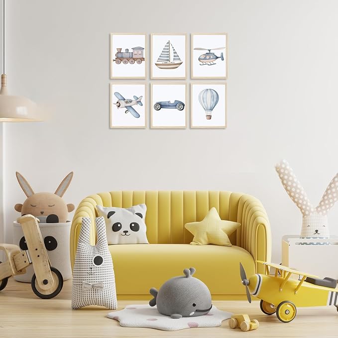 Nursery Car Wall Art Set of 6, Baby Boys Poster Canvas Prints, Blue Kids Car Train Plane Boat Hot Air Balloon Wall Decor Toddler Vehicle Painting Watercolor Artwork Picture 12x16 inch Unframed