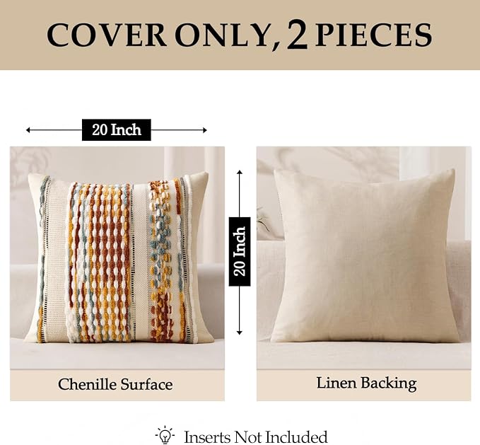 ANRODUO Boho Decorative Throw Pillow Covers Brown Stripe 20x20 Pack of 2 | Throw Pillow Covers, Farmhouse Cushion Case, Chenille Pillow Cases, Pillow Covers, Accent Neutral Pillowcase for Couch Bed