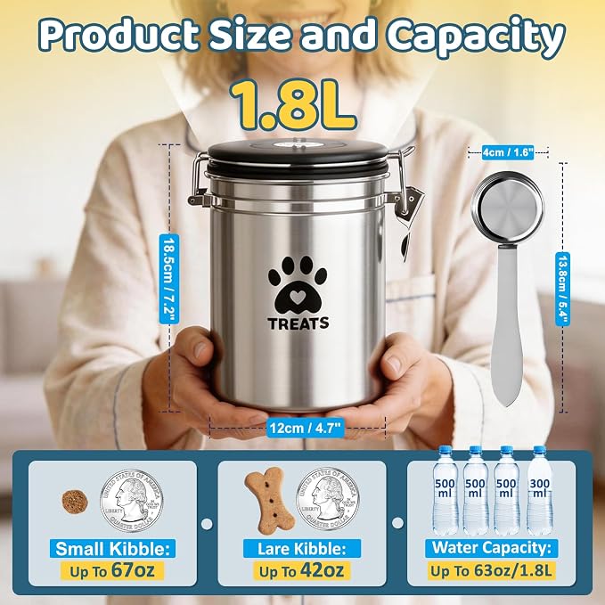 ENONCI Airtight Dog Treat Canister, 304 Stainless Steel Food Storage Jar with Date Dial Silver-1.8L