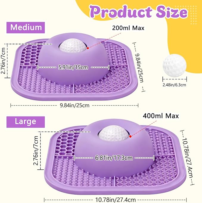 Slow Feeder Dog Bowls & Lick Mat for Liquid and Thick Treat, Anti-Slip Dog Lick Bowl with Interactive Rolling Ball, 5/6 Cup Pup Licking Toy for Large Medium Small Dogs and Cats-Large Purple