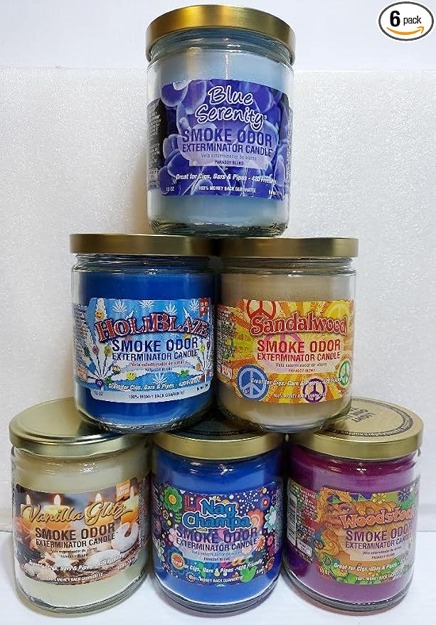 Smoke Odor Exterminator 13oz Jar Set of 6 Assorted Candles Blue Serenity. | Assortment of 6, Includes Blue Serenity, HoliBlaze, Nag Champa, Vanilla Glitz & Woodstock & Sandalwood