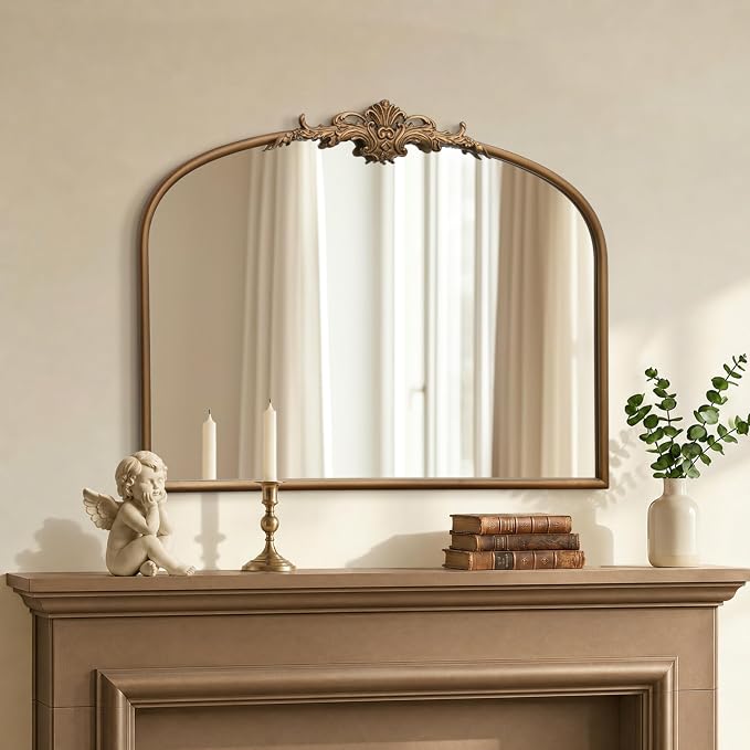 Besdomus Antique Gold Wall Mirror: 32"x24" French Brass Decorative Mirrors | Vintage Baroque Ornate Arched Metal Framed for Mantel/Hallway/Bathroom Vanity/Bedroom - Ideal Gifts for Anniversary/Birthday