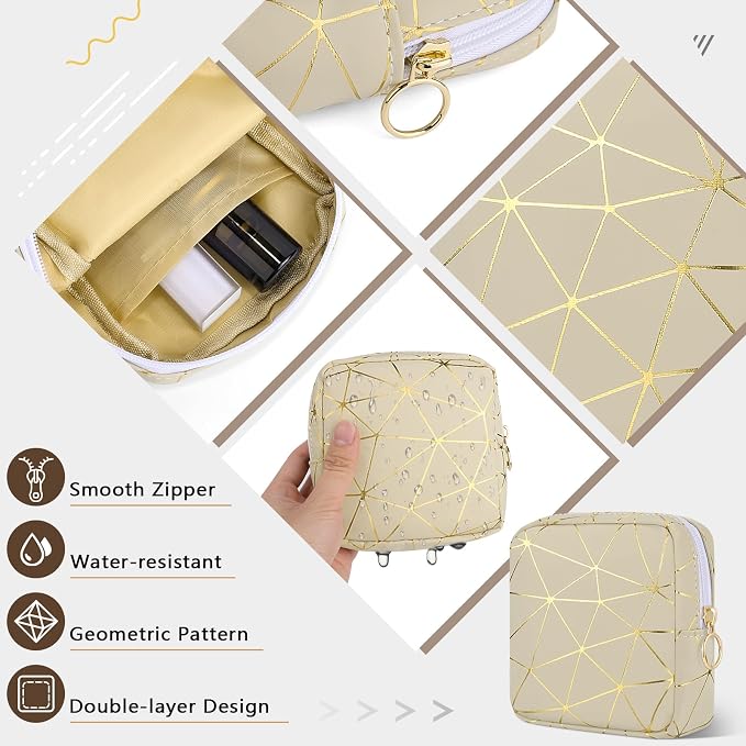 Likesing Sanitary Napkin Storage Bag, Leather Portable Period Bag for Girls Women, Sanitary Napkin Period Pad Pouch Tampon Holder for Purse (Black Gold, Small-5.1")