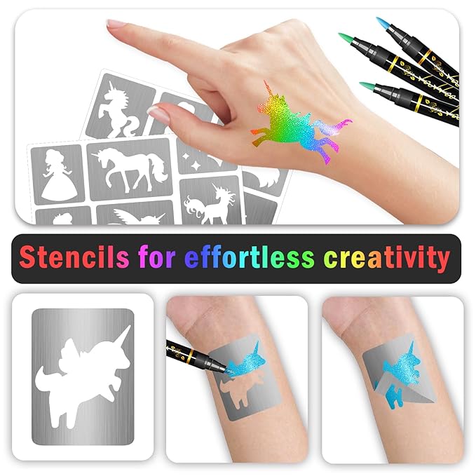 Unicorn Temporary Tattoo Markers for Kids, 8 Metallic Markers and 136+ Temporary Tattoo Stencil Designs for Christmas Favor, Cosmetic Tattoos Pens for Boys and Girls