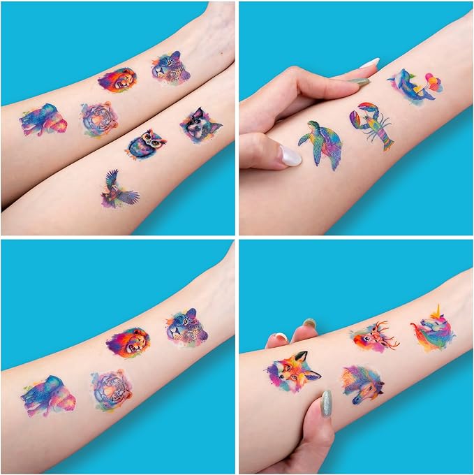 96 PCS Watercolor Animal Pre-Cut Temporary Tattoos for Kids | Super Cute Themed Birthday Party Favors, Supplies, Decorations, Animal Fake Tattoo Stickers, School Rewards Prizes & Gifts Boys & Girls