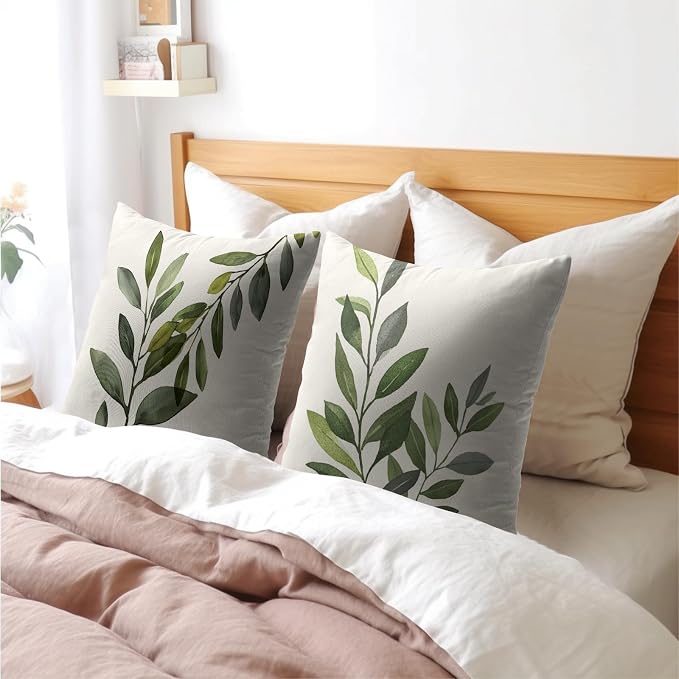 Kawani Olive Leaves Throw Pillow Covers 22x22 Inch Rustic Green Leaf Grey Square Pillowcases Cotton Linen Cushion Cover for Couch Sofa Bed Bench Porch Farmhouse Home Decor