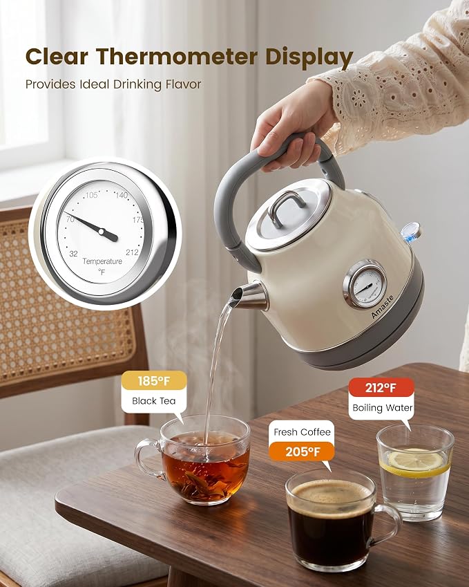 Amaste Electric Kettle, Retro Electric Tea Kettle With Thermometer, 57 Oz Hot Water Kettle For Coffee & Tea, 304 Stainless Steel, 1500w Fast Boiling, Auto Shut-Off & Boil Dry Protection, Cream White
