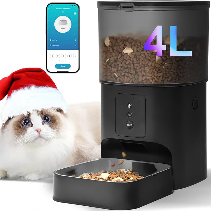 2.4G Automatic Cat Feeder, 4L WiFi Food Dispenser with 10s Voice Recorder, Pet Feeder up to 10 Meals per Day, Timed Cat Feeder with Dry Food Sealed Ring
