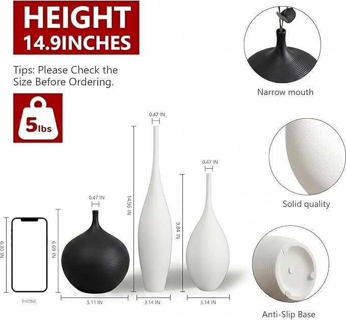 Relexome White Ceramic Vase Modern Wabi-Sabi Black Flower Vase Set of 3 Decorative Aesthetic Vases for Centerpieces Pampas Matte Minimalist Vases for Living Room Table Shelf Home Decor Gift
