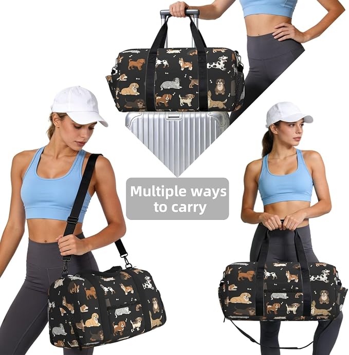 Fiokroo Sports Gym Bag Cute Dogs Black Travel Duffel Bag For Men Women With Shoe Compartment Water Resistant Gym Bag Carry On Duffel Bag For Weekend Traveling Yoga Gym Sports