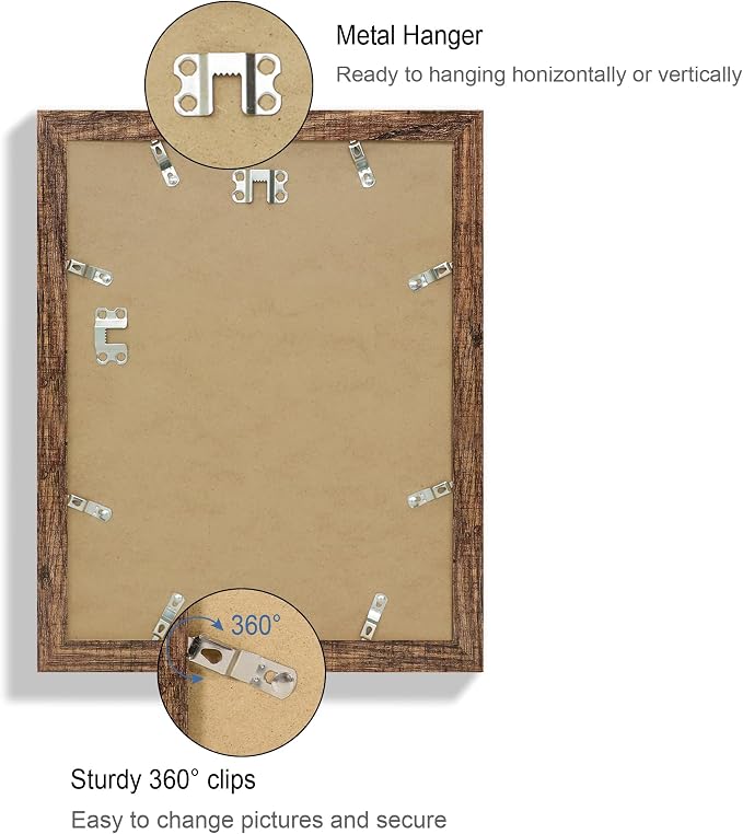 Hongkee 10x13 Picture Frame Set of 4, Made of Real Glass and Rustic Brown Frame, 10 by 13 Photo for Wall or Tabletop - Display Picture 8.5x11 with Mat or 10x13 Without Mat