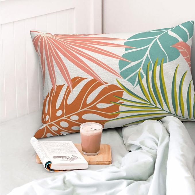 Summer Tropical Pillow Covers 12x20 Set of 2, Monstera Palm Leaf Pillowcase Green Orange Botanical Coral Summer Throw Pillows Outdoor Decor Farmhouse Cushion Case Linen Decorative for Home