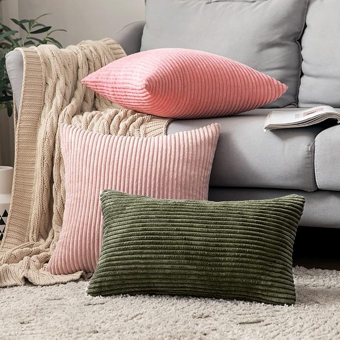 MIULEE Lumbar Corduroy Throw Pillow Covers Set of 2 12x20 Olive Green | Decorative Soft Striped Textured Cushion Cases, Boho Pillowcases for Home Decor, for Couch Chair Sofa Bed Living Room