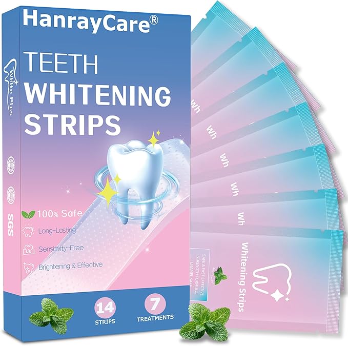 HanrayCare Premium Teeth Whitening Strips, Comfortable Ultra-Thin, No-Residue, Non-Slip, Enamel-Safe, Professional Dentist-Formula for 3X Faster Whitening & Tough Stains Remove | Travel-Friendly