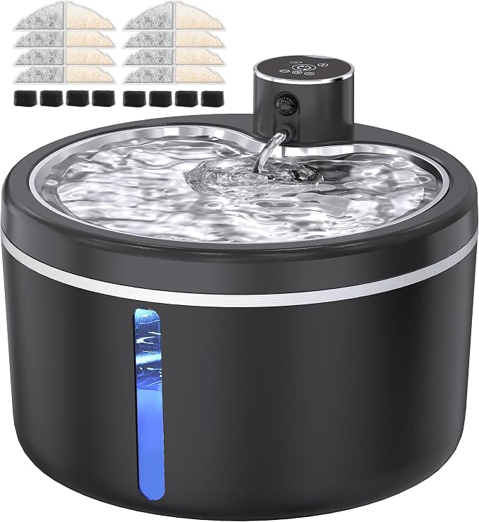 Cat Water Fountain Cordless, 108oz/3L Pet Fountains for Cats Indoor with Stainless Steel Tray, Battery Operated Cat Drinking Fountain with Motion Sens
