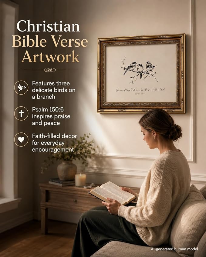 Vintage Gold Framed Bird Wall Art, Christian Bible Verse, 16 x 24 in | Sketch bird canvas with Christian scripture and vintage gold frame for living rooms, bedrooms, hallways, or prayer spaces.