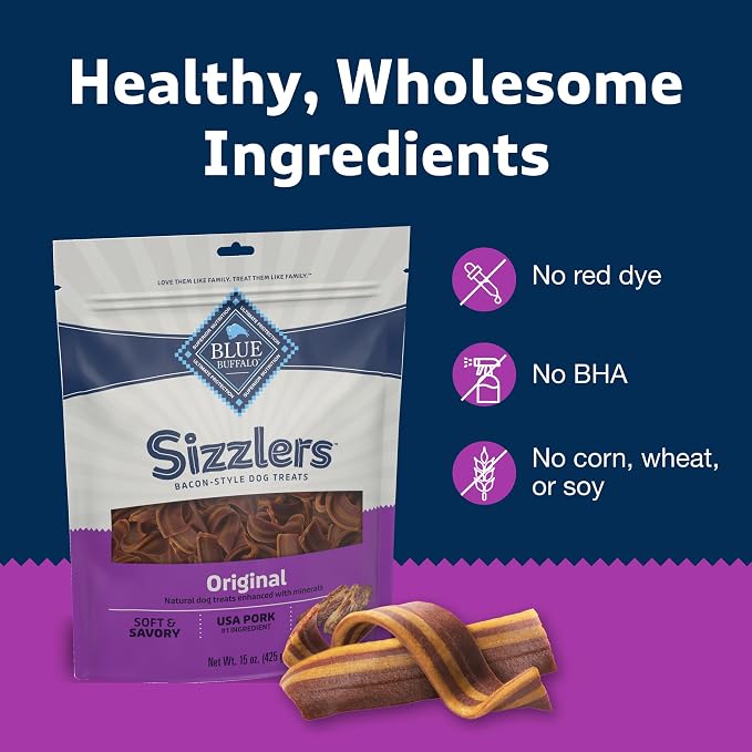 Blue Buffalo Sizzlers Pork Bacon-Style Dog Treats, 15 oz | Real USA Pork First, Soft & Chewy Texture, Tear for Portion Control, No Red 40, BHA, Corn, Wheat, or Soy