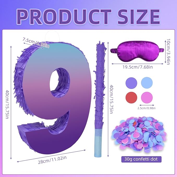Purple Birthday Party Decorations, Purple Number 9 Pinata with Stick Blindfold Confetti for Girls Boys 9th Birthday Activity Game Gift (15.7 x 11.5 x 3 In)