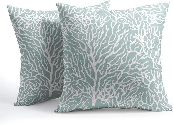 Nautical Coastal Coral Pillow Covers 18x18 Inch Set of 2 Summer Ocean Beach Seafoam Blue Decorative Pillow Cases Outdoor Linen Cushion Cover Farmhouse Decor for Bedroom Home Sofa Couch Bed