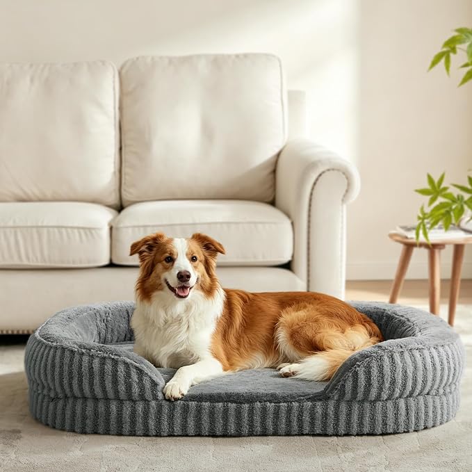 MIXJOY Orthopedic Dog Beds Large Sized Dog,Extra Large Washable Dog Bed Waterproof Oval Dogs Bed with Removable Cover,Egg-Crate Foam Big Pet Bed Couch with Bolster,Non-Slip Bottom,XXL 48"X35",Grey