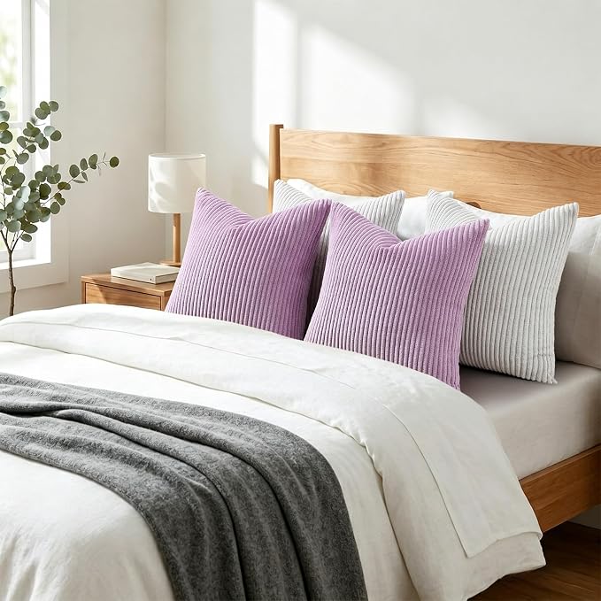 Mecatny Corduroy Decorative Throw Pillow Covers 22x22 Set of 2 Lilac | Soft Striped Texture, Hidden Zipper Design, Neutral Boho Square Pillow Cases for Sofa Couch Living Room Bedroom, Home Décor