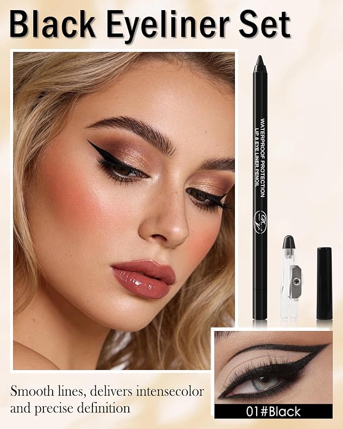 10 Pcs Gel Eyeliner Pencil Set, Black Waterline Waterproof Eye Liner Pencils for Older Women, Long Lasting Smudge Proof Eyeliner Pen Eyeshadow Stick Pack, Matte Creamy Makeup Pen with Sharpener-Set A