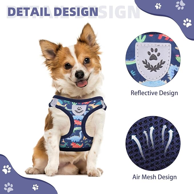 KOOLTAIL Dog Harness and Leash Set for Small Medium Dogs, Step in No Pull Soft Mesh Dog Harness Comfort Padded Pet Vest, Adjustable Reflective Easy Walking Puppy Cats Harnesses Training, Dinosaur M
