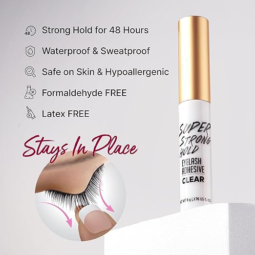 i•ENVY Super Strong Hold Eyelash Adhesive, Waterproof, 48-Hour Long-Lasting Lash Glue, Latex-Free, Hypoallergenic, Quick-Drying with Brush-On Applicator for Strip Lashes (Clear, 3 Pack)